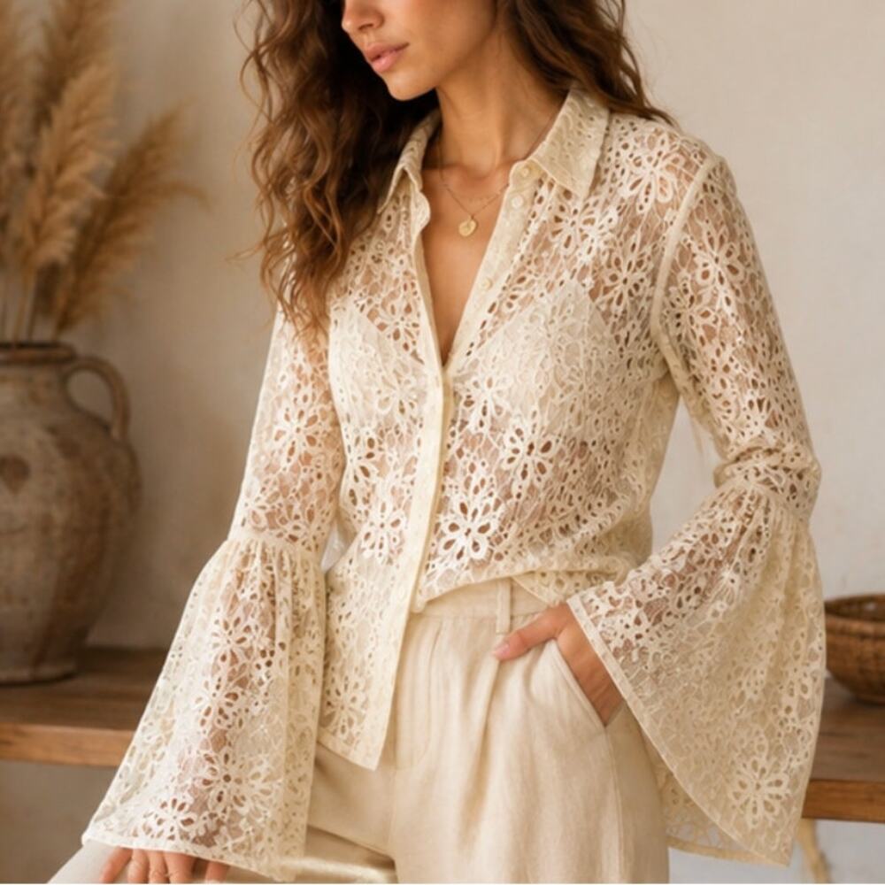 Forte Forte Italy Ivory Lace Blouse S Sheer Bell Sleeve Boho Romantic Designer M